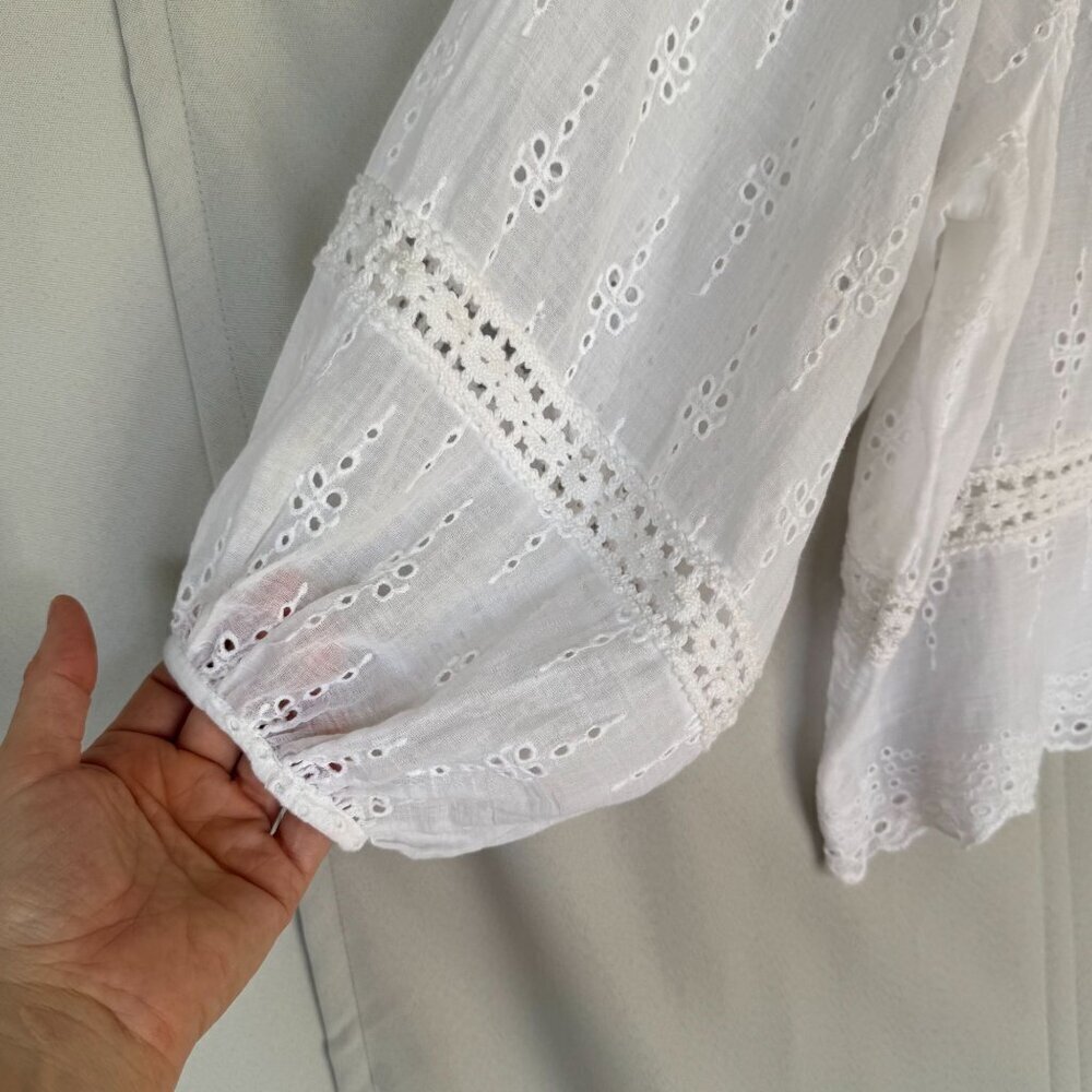 American Eagle White Embroidered Lace Ballon 3/4 Sleeve Peasant Babydoll Blouse - Picture 7 of 16